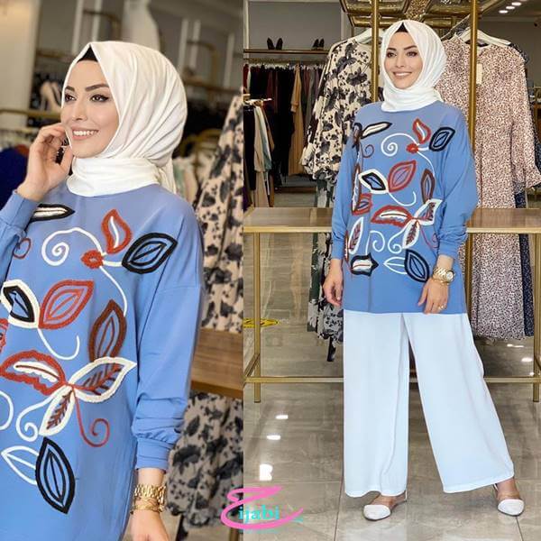 pull brode bleu pour femme hijabistore Maroc
