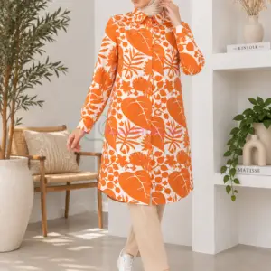 Tunique orange pour femme à motif feuilles