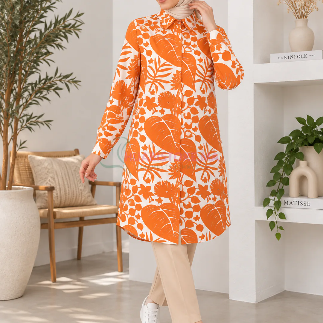 Tunique orange pour femme à motif feuilles