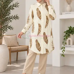 Tunique femme beige à motif plumes