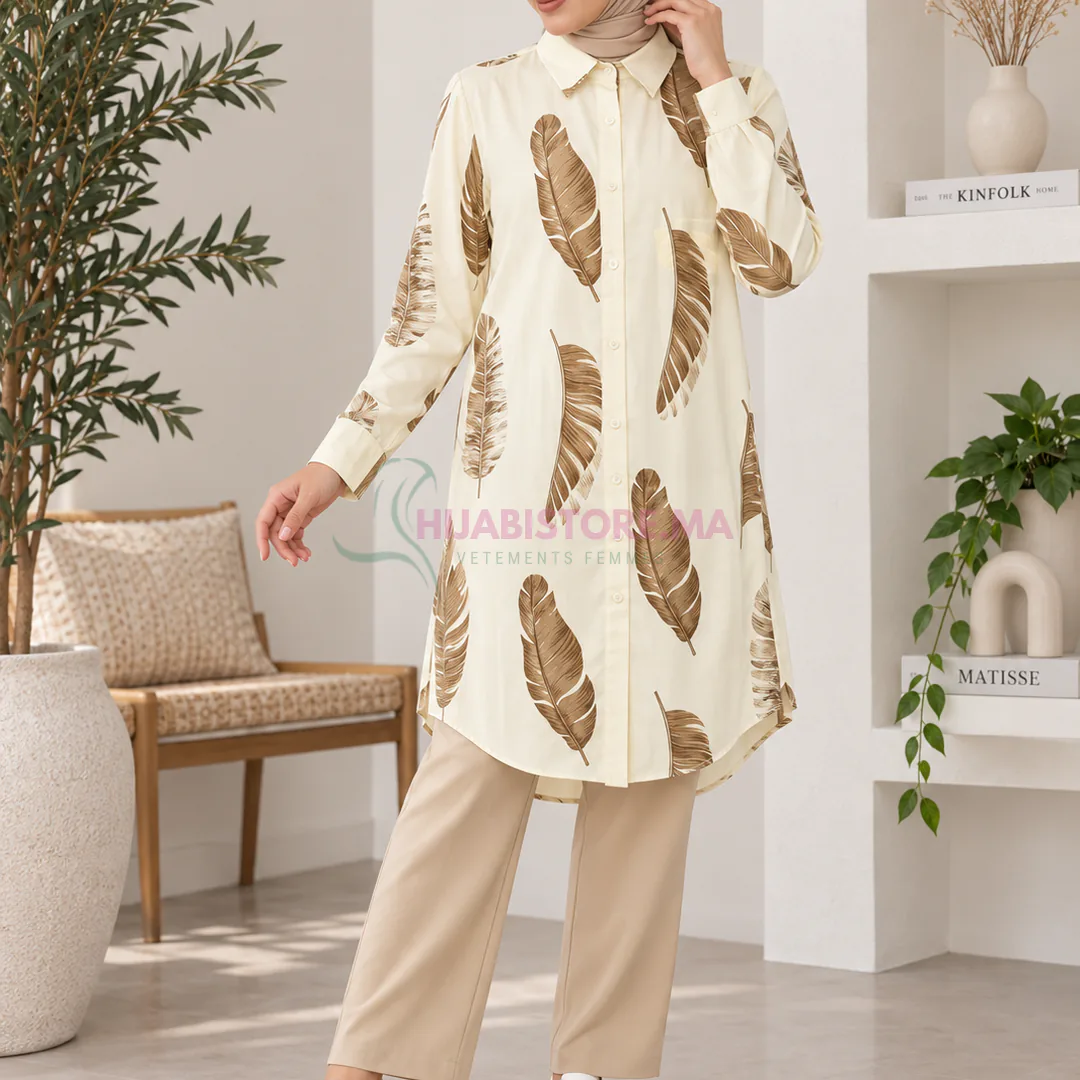 Tunique femme beige à motif plumes