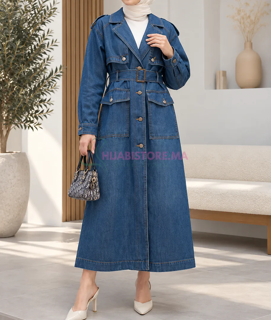 Trench long en jean bleu foncé pour femme, confectionné dans un jean lourd non extensible adapté à la saison froide. Avec sa longueur de 130 cm, il offre une coupe longue et couvrante pour composer une tenue féminine, moderne et modeste en automne et en hiver, en ligne livraison maroc