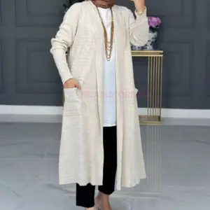Tricot cardigan long beige en maille en ligne maroc