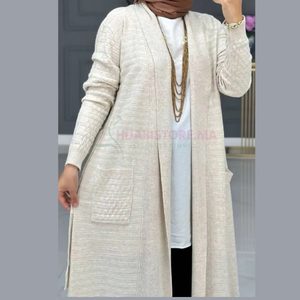Tricot cardigan long beige en maille en ligne maroc