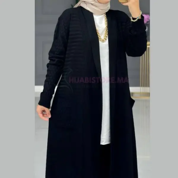 Tricot cardigan long noir en maille , en ligne maroc