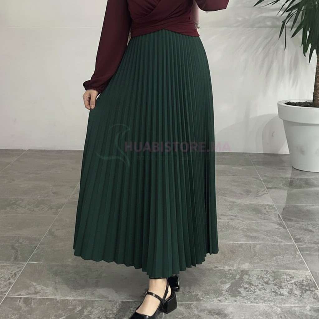 Jupe plissée vert crêpe scuba , en ligne maroc, hijabistore by tyma