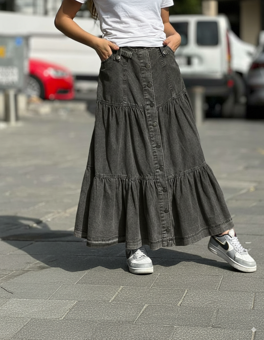 jupe jean gris à boutons truc en ligne au maroc , hijabistore by Tyma