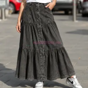 jupe longue en jean gris à boutons