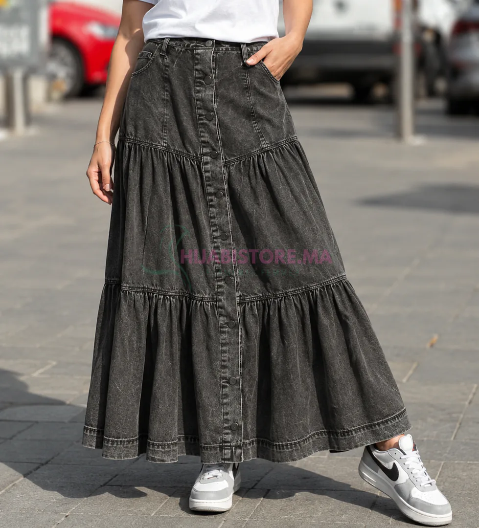 jupe longue en jean gris à boutons