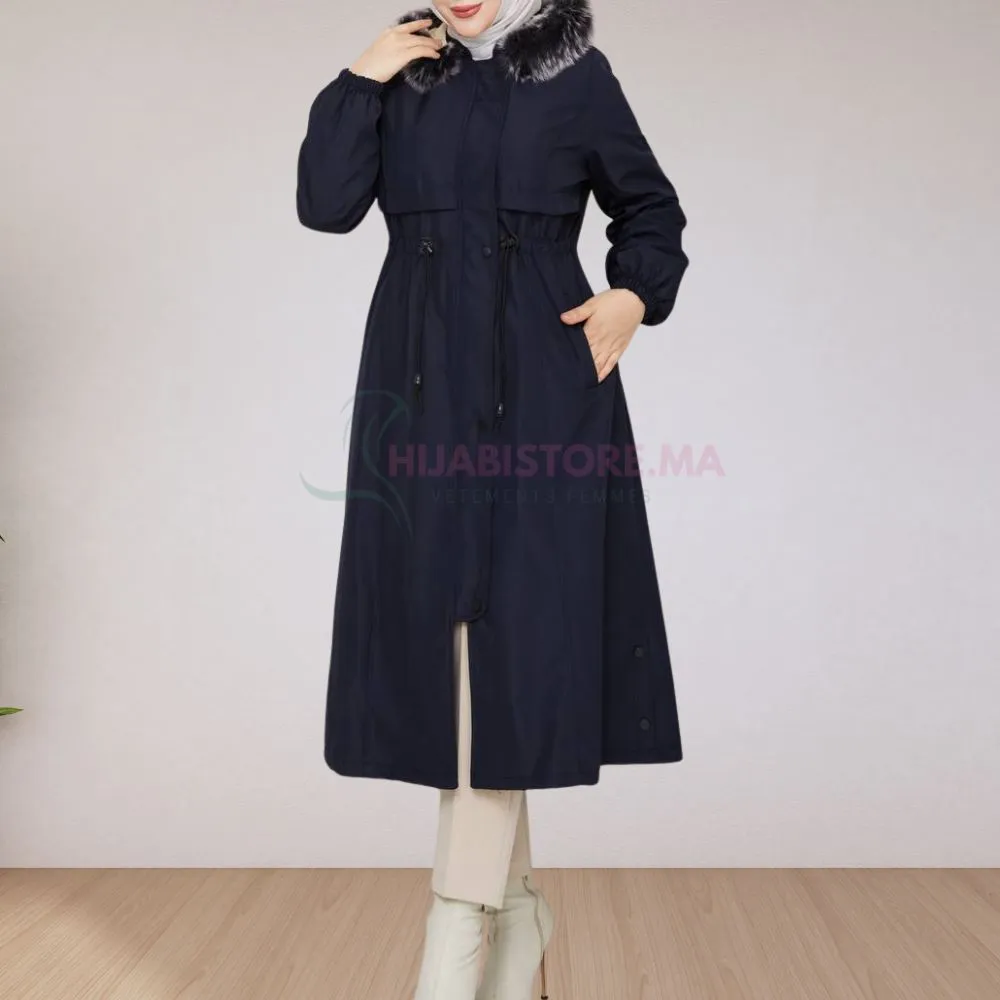 Manteau bleu-noir rembourré semi impermeable femme, à capuche qui se détache