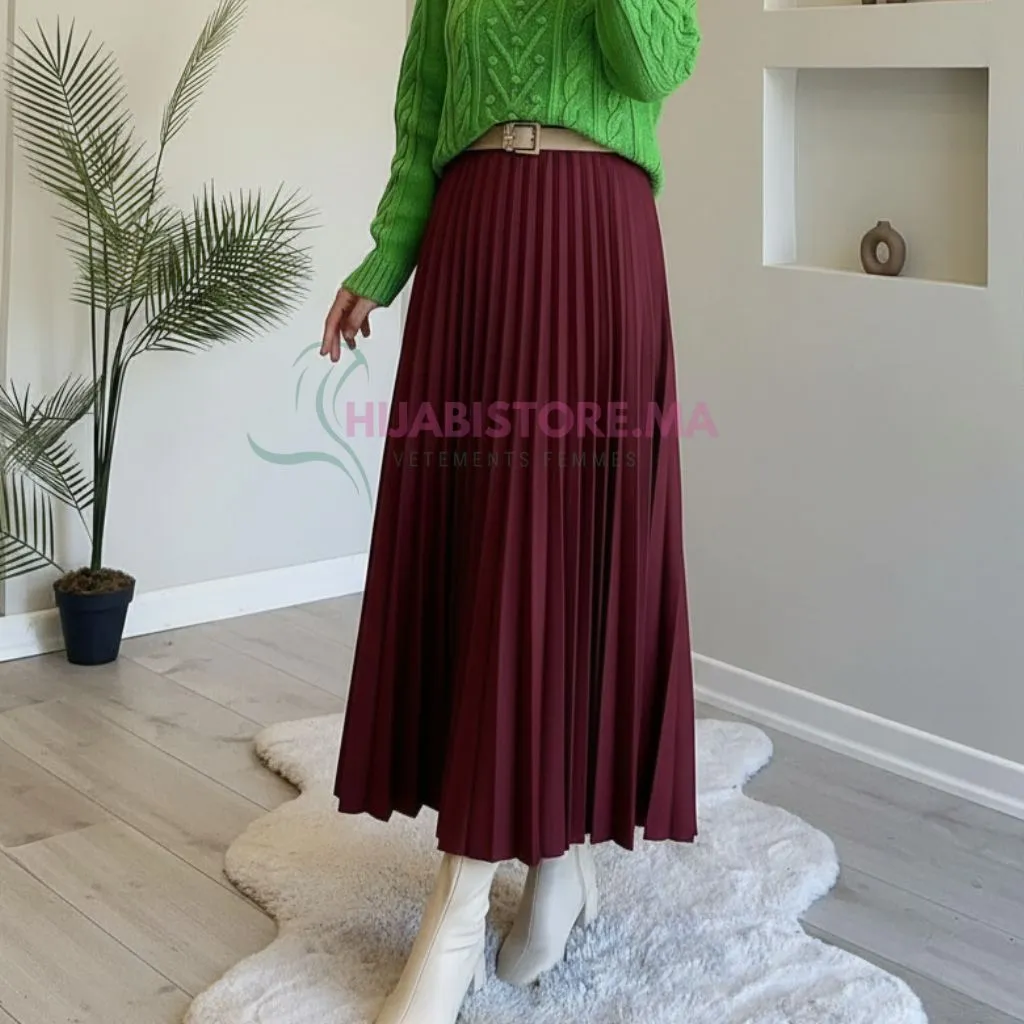 Jupe plissée crêpe scuba bordeaux, en ligne maroc