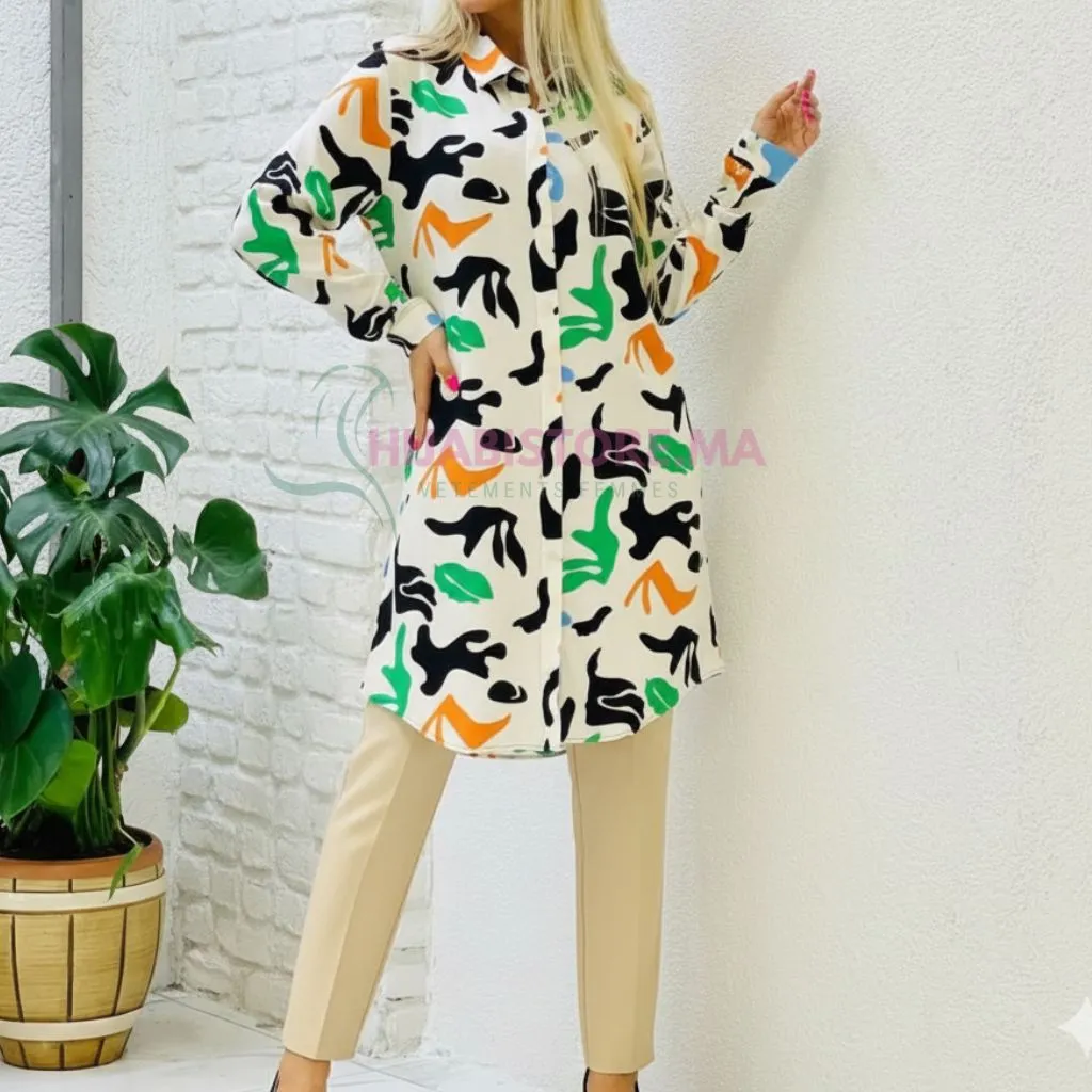 Tunique femme à motif base blanche, made turquie, livraison Maroc
