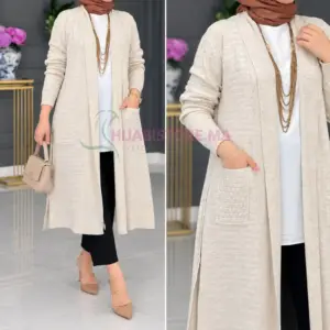 Cardigan long beige en maille pour femme